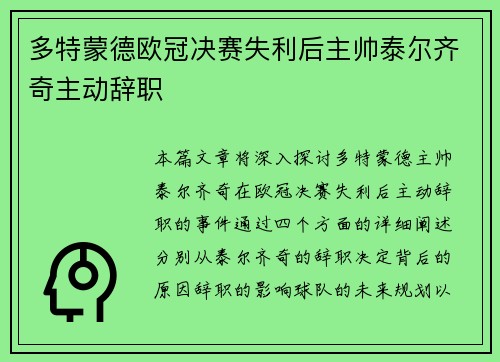 多特蒙德欧冠决赛失利后主帅泰尔齐奇主动辞职