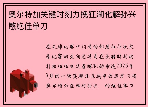 奥尔特加关键时刻力挽狂澜化解孙兴慜绝佳单刀 奥尔特加关键时刻力挽狂澜化解孙兴慜绝佳单刀